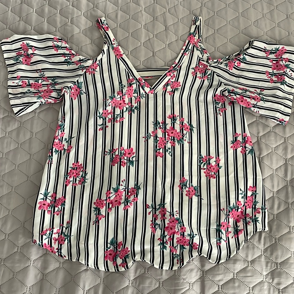 SOLDCold shoulder style. Pretty stripes with pink floral.